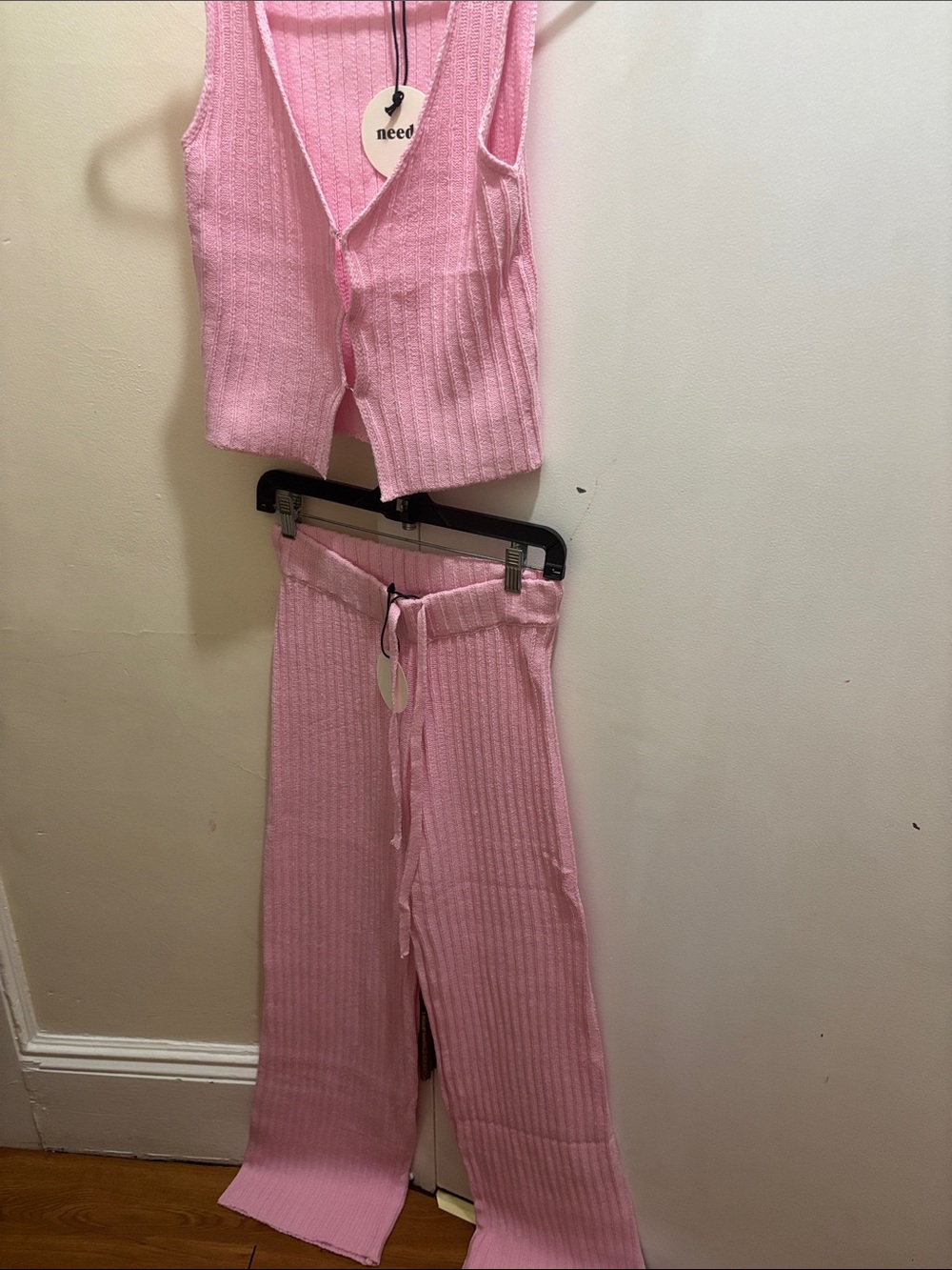 Ribbed Wide-Leg Knit Set — Pink